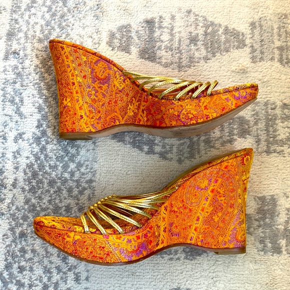 bebe Shoes - bebe Gold Leather and Orange Multicoloured Satin Jacquard Wedge Sandals